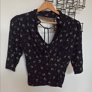 Free People Black and White Fitted Blouse with Tie Front